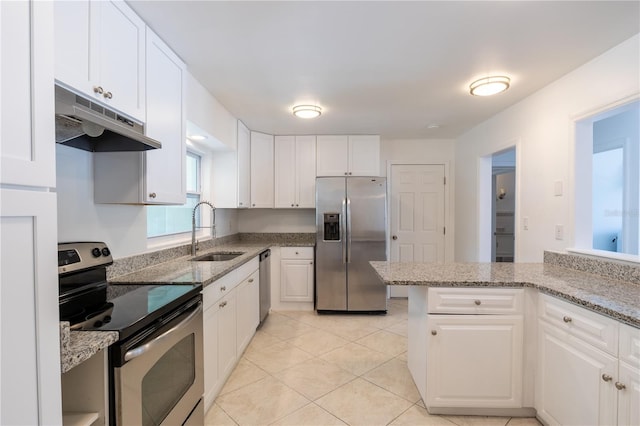 kitchen with stainless steel appliances, a sink, under cabinet range hood, and white cabinets