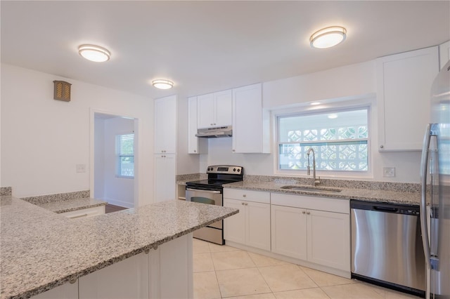 kitchen with stainless steel appliances, a sink, under cabinet range hood, and white cabinets