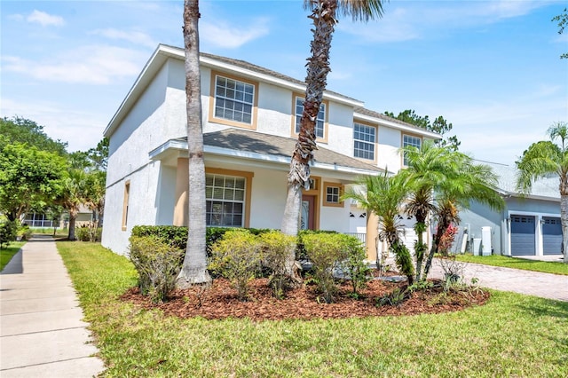 view of front of home with stucco siding, decorative driveway, and a front yard