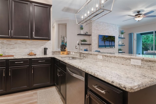 595 American Holly Pl, Oviedo, FL 32765 - kitchen with dishwasher, a sink, open shelves, light stone countertops, and backsplash