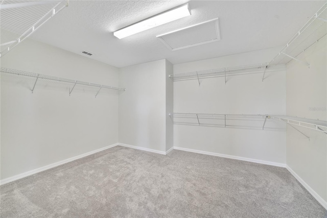 walk in closet with carpet floors and attic access