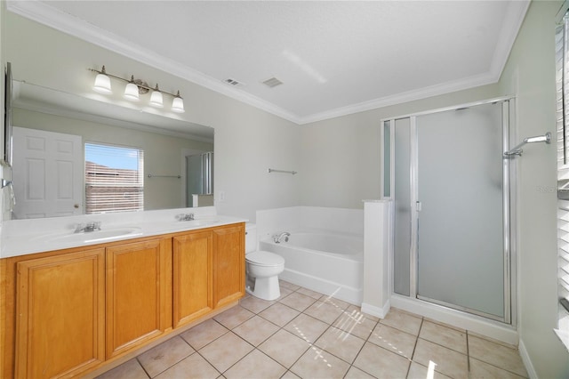 bathroom with a shower stall, tile patterned floors, a garden tub, crown molding, and double vanity