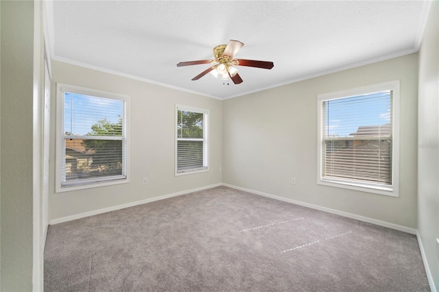 spare room with ornamental molding, carpet, baseboards, and a ceiling fan