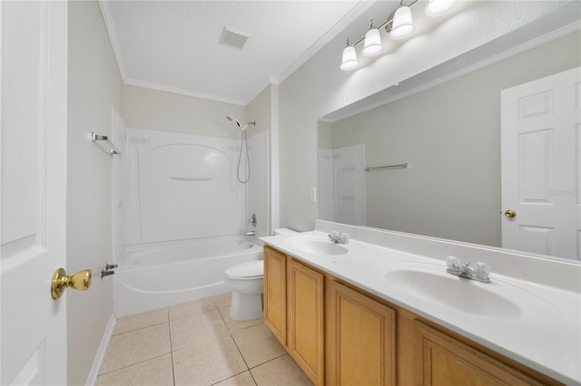 full bath featuring crown molding, toilet, tub / shower combination, tile patterned flooring, and double vanity