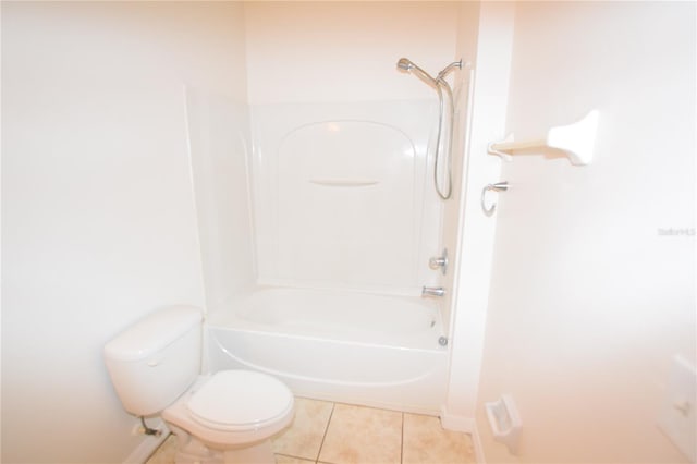 full bath featuring tile patterned flooring, toilet, baseboards, and shower / tub combination