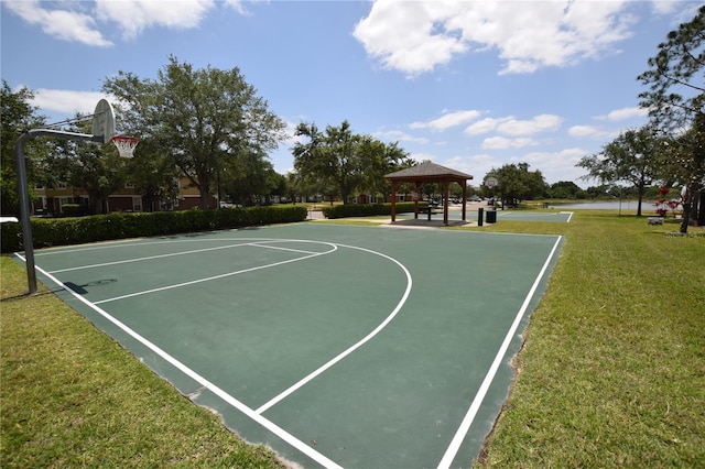 view of sport court with a gazebo, a lawn, and community basketball court