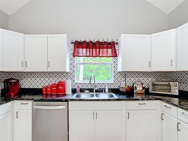 511 E Mirror Lake Dr, Fruitland Park, FL 34731 - kitchen featuring lofted ceiling, dishwasher, a sink, backsplash, and white cabinets