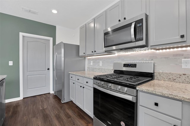 455 Lazio Cir, Debary, FL 32713 - kitchen featuring stainless steel appliances, tasteful backsplash, dark wood finished floors, and light stone counters