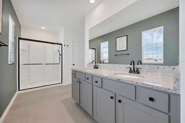 455 Lazio Cir, Debary, FL 32713 - full bath featuring a shower stall, baseboards, tile patterned flooring, double vanity, and recessed lighting