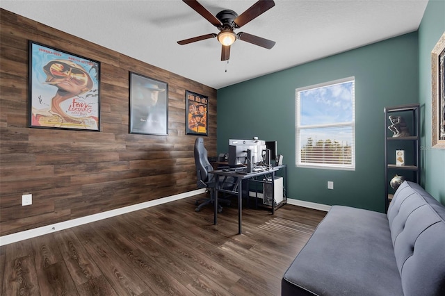 455 Lazio Cir, Debary, FL 32713 - office space with wood walls, an accent wall, ceiling fan, baseboards, and wood finished floors