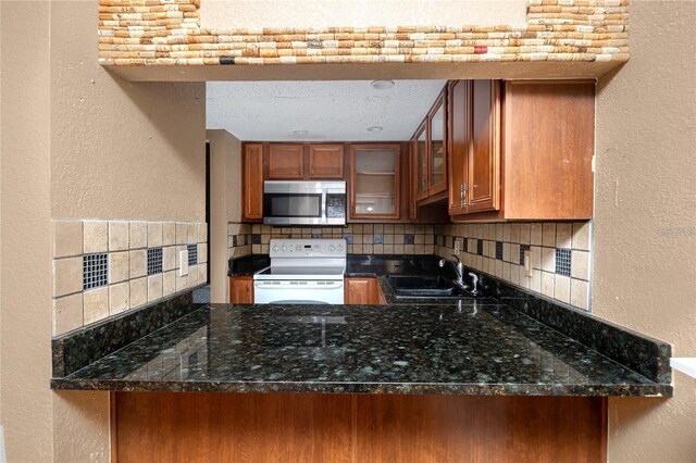 738 Haven Pl, Tarpon Springs, FL 34689 - kitchen with white electric range, stainless steel microwave, a sink, decorative backsplash, and a textured wall