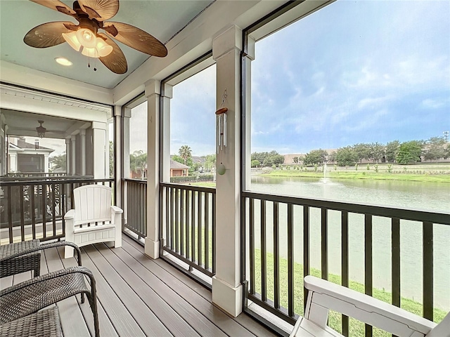 1027 Cedar Bay Ln, Winter Springs, FL 32708 - sunroom / solarium featuring a water view and ceiling fan