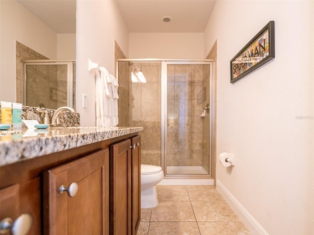 311 W Falls Dr, Kissimmee, FL 34747 - bathroom with a stall shower, vanity, toilet, tile patterned flooring, and baseboards