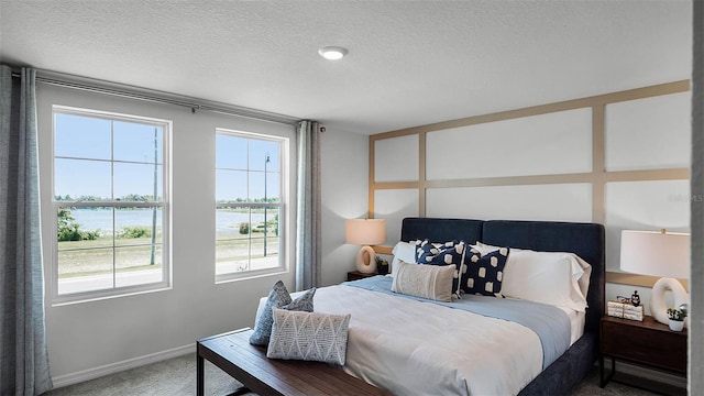 1566 Dalehurst Ln, Kissimmee, FL 34744 - bedroom featuring a water view, carpet, a textured ceiling, and baseboards
