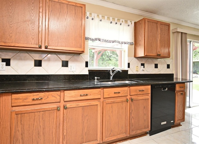 115 Bristol Forest Trl, Sanford, FL 32771 - kitchen with dishwasher, a sink, crown molding, light tile patterned floors, and backsplash