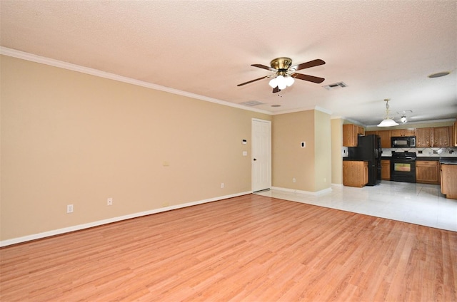 115 Bristol Forest Trl, Sanford, FL 32771 - unfurnished living room with a ceiling fan, light wood-style flooring, crown molding, baseboards, and a textured ceiling