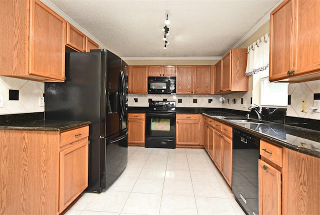 115 Bristol Forest Trl, Sanford, FL 32771 - kitchen featuring black appliances, a sink, light tile patterned flooring, tasteful backsplash, and crown molding
