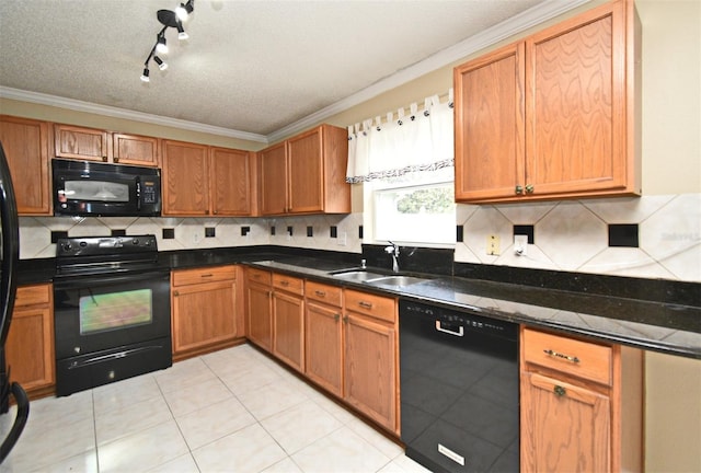 115 Bristol Forest Trl, Sanford, FL 32771 - kitchen featuring black appliances, a sink, tasteful backsplash, light tile patterned floors, and ornamental molding