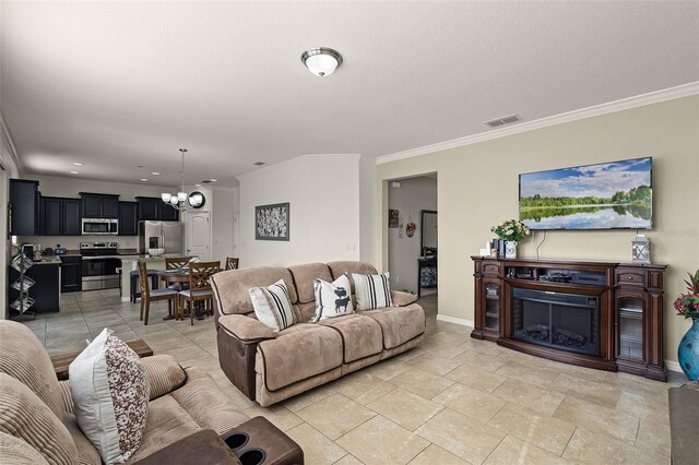 1553 Caterpillar St, Saint Cloud, FL 34771 - living area featuring a chandelier, crown molding, a fireplace, baseboards, and recessed lighting