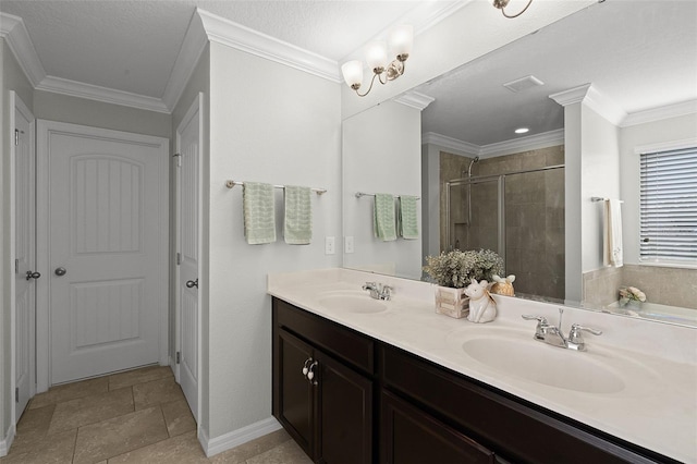 1553 Caterpillar St, Saint Cloud, FL 34771 - full bath featuring a shower stall, double vanity, crown molding, and baseboards