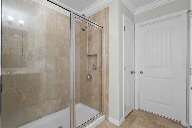 1553 Caterpillar St, Saint Cloud, FL 34771 - full bathroom featuring crown molding, a shower stall, and baseboards