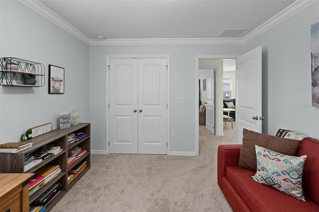 1553 Caterpillar St, Saint Cloud, FL 34771 - living area featuring ornamental molding, carpet floors, baseboards, and a textured ceiling