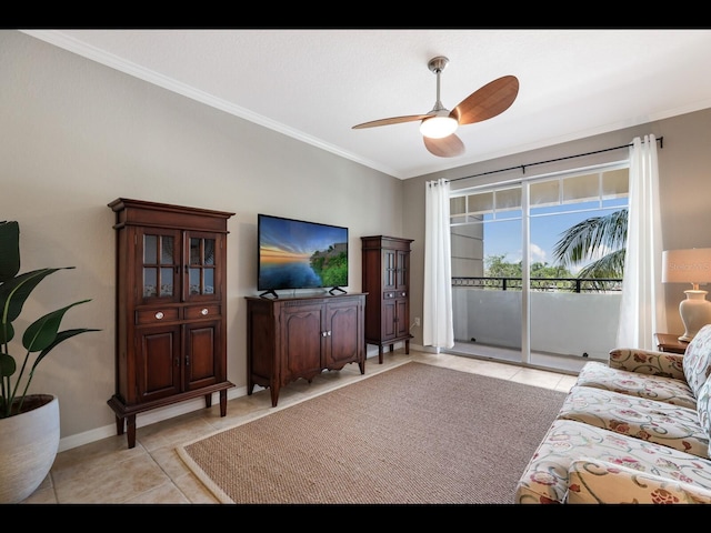 1064 N Tamiami Trl Unit 1219, Sarasota, FL 34236 - living area with light tile patterned flooring, crown molding, ceiling fan, and baseboards