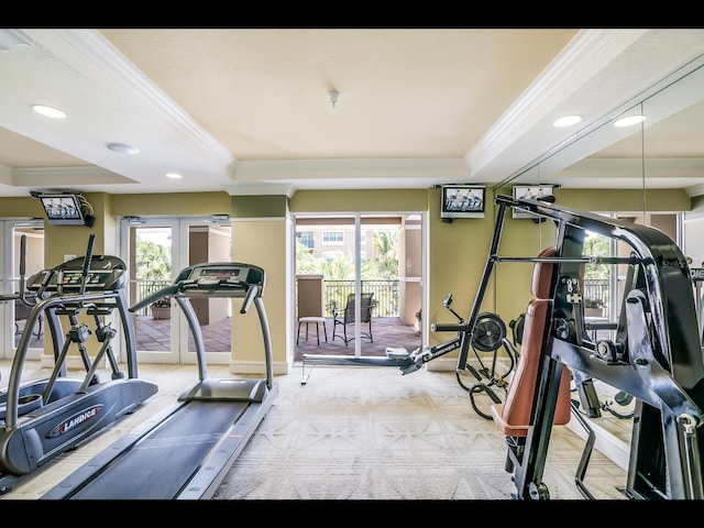 1064 N Tamiami Trl Unit 1219, Sarasota, FL 34236 - workout area featuring a raised ceiling, baseboards, crown molding, recessed lighting, and carpet floors