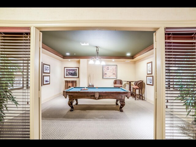 1064 N Tamiami Trl Unit 1219, Sarasota, FL 34236 - rec room with carpet flooring, pool table, baseboards, and crown molding