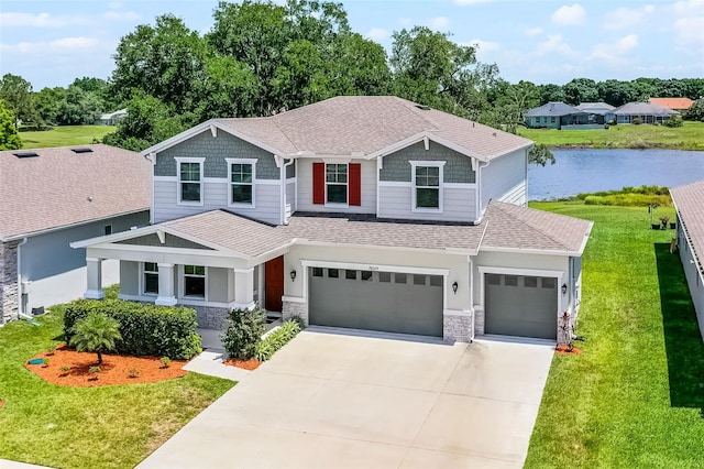 10249 Spring Lake Dr, Clermont, FL 34711 - craftsman-style house featuring a shingled roof, driveway, stone siding, and a front lawn
