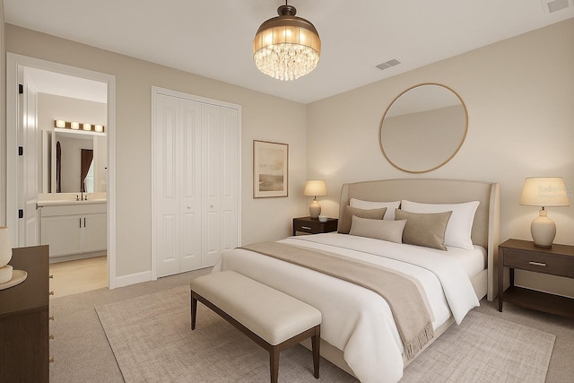 10249 Spring Lake Dr, Clermont, FL 34711 - bedroom featuring light carpet, a chandelier, a closet, and ensuite bathroom