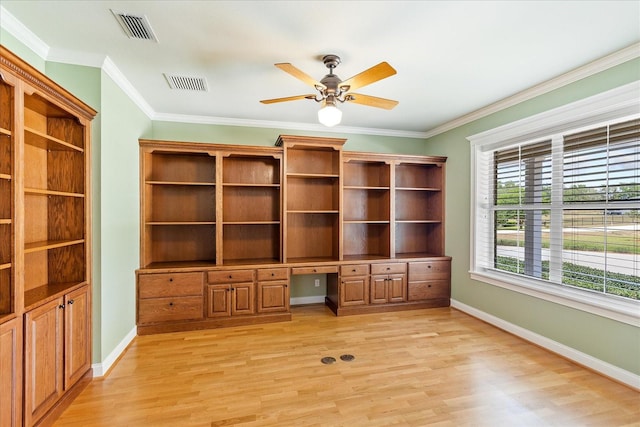 17631 Vista Belle Ct, Montverde, FL 34756 - unfurnished office featuring built in desk, ceiling fan, light wood-type flooring, crown molding, and baseboards