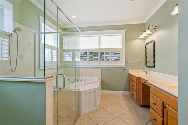 17631 Vista Belle Ct, Montverde, FL 34756 - full bath featuring ornamental molding, a stall shower, tile patterned floors, double vanity, and a garden tub
