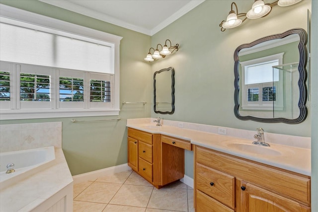 17631 Vista Belle Ct, Montverde, FL 34756 - bathroom featuring double vanity, crown molding, tile patterned flooring, a bath, and baseboards