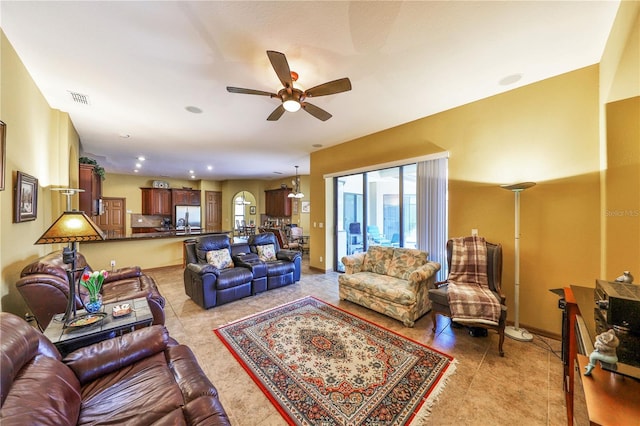 2921 Falconhill Dr, Apopka, FL 32712 - living room featuring a ceiling fan, light tile patterned floors, and recessed lighting