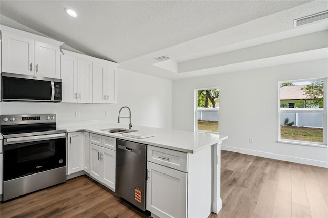 13881 SW 80th Ave, Ocala, FL 34473 - kitchen featuring appliances with stainless steel finishes, a sink, a peninsula, light countertops, and white cabinetry