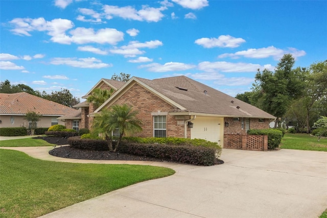 441 Hightower Dr, Debary, FL 32713 - view of home's exterior featuring brick siding, concrete driveway, a lawn, and a garage