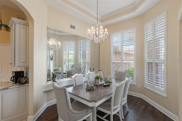 441 Hightower Dr, Debary, FL 32713 - dining room with a chandelier, dark wood-style floors, plenty of natural light, and crown molding