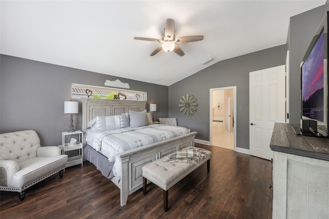 441 Hightower Dr, Debary, FL 32713 - bedroom featuring vaulted ceiling, dark wood finished floors, a ceiling fan, and baseboards