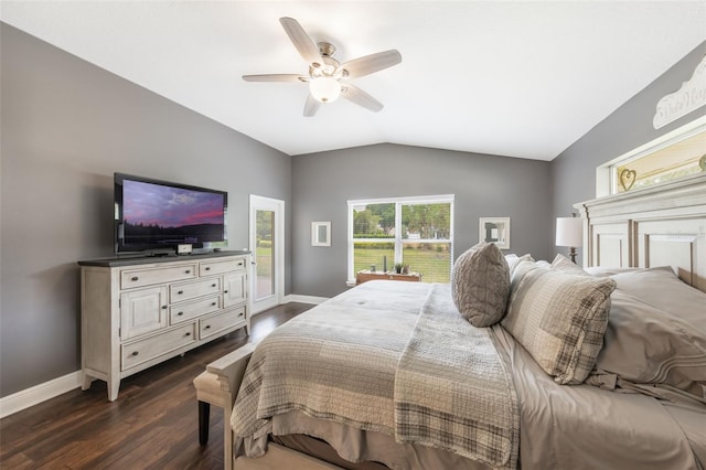 441 Hightower Dr, Debary, FL 32713 - bedroom with access to exterior, dark wood finished floors, baseboards, lofted ceiling, and a ceiling fan