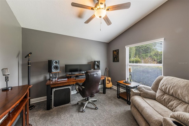 441 Hightower Dr, Debary, FL 32713 - carpeted home office featuring lofted ceiling, baseboards, and ceiling fan
