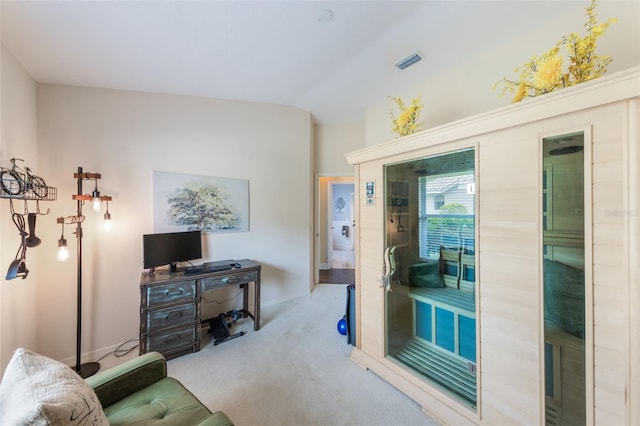 441 Hightower Dr, Debary, FL 32713 - living area with carpet, a relaxing sauna, lofted ceiling, and a desk