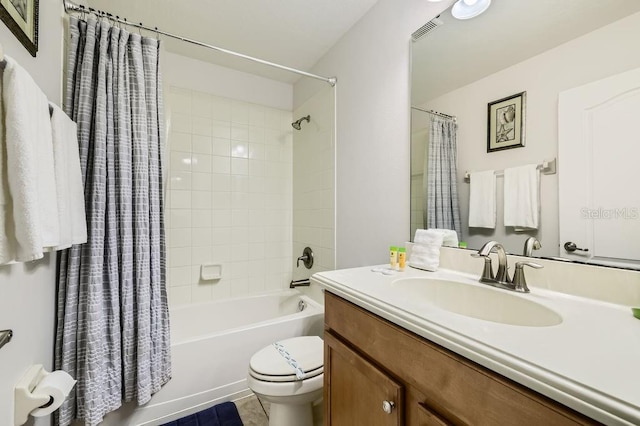 full bathroom with toilet, shower / bath combination with curtain, and vanity