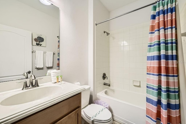 full bathroom with toilet, vanity, and shower / bath combination with curtain