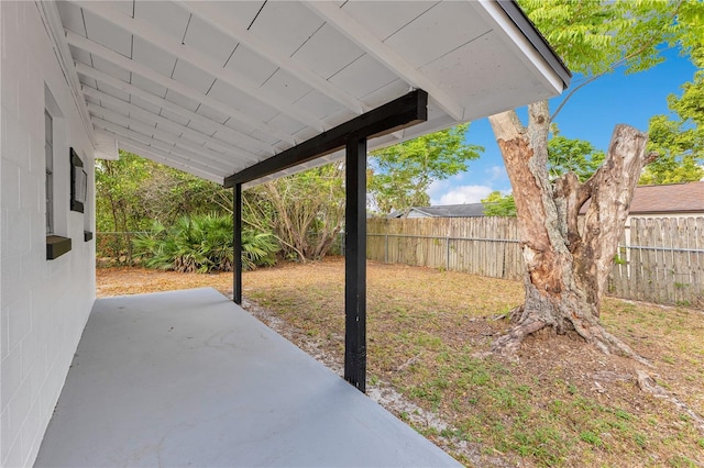 fenced backyard featuring a patio area