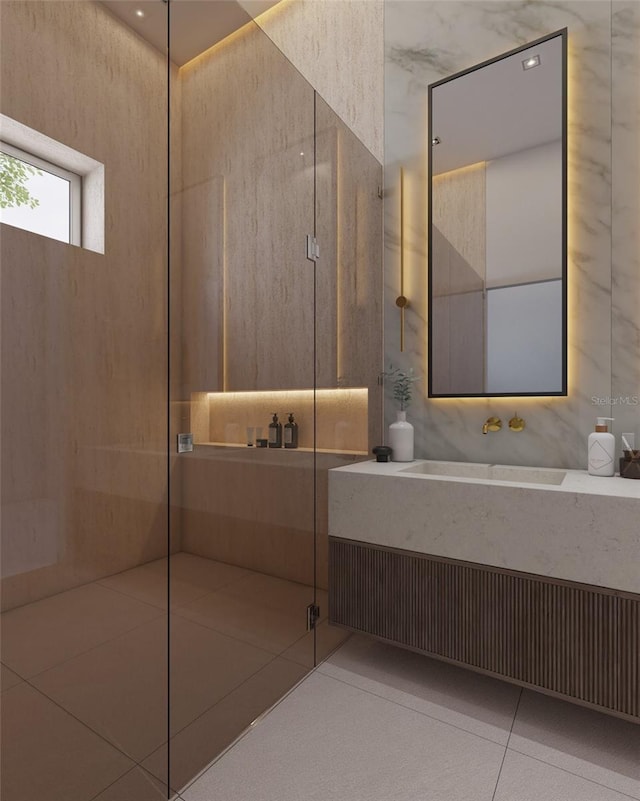 12818 Brunello Cir, Clermont, FL 34711 - full bathroom with a shower with shower door, vanity, and tile patterned flooring