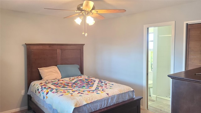 bedroom with baseboards, connected bathroom, and ceiling fan