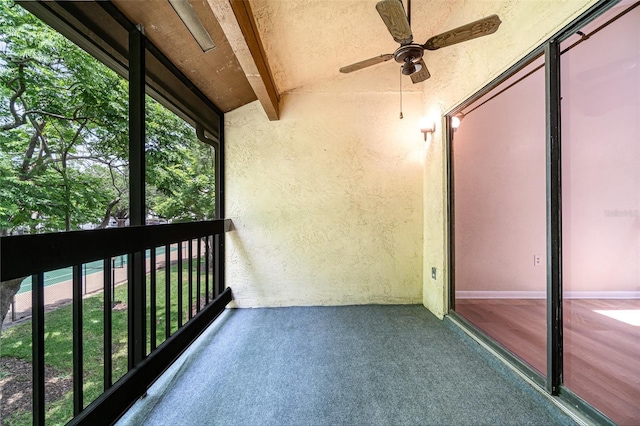 balcony featuring ceiling fan