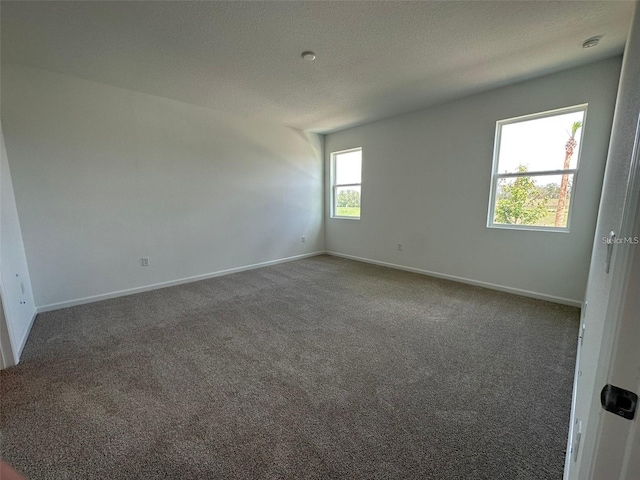 spare room with carpet, baseboards, and a textured ceiling