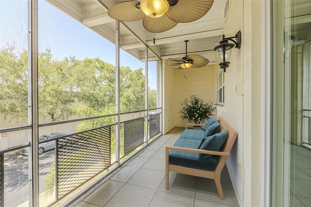 balcony featuring ceiling fan